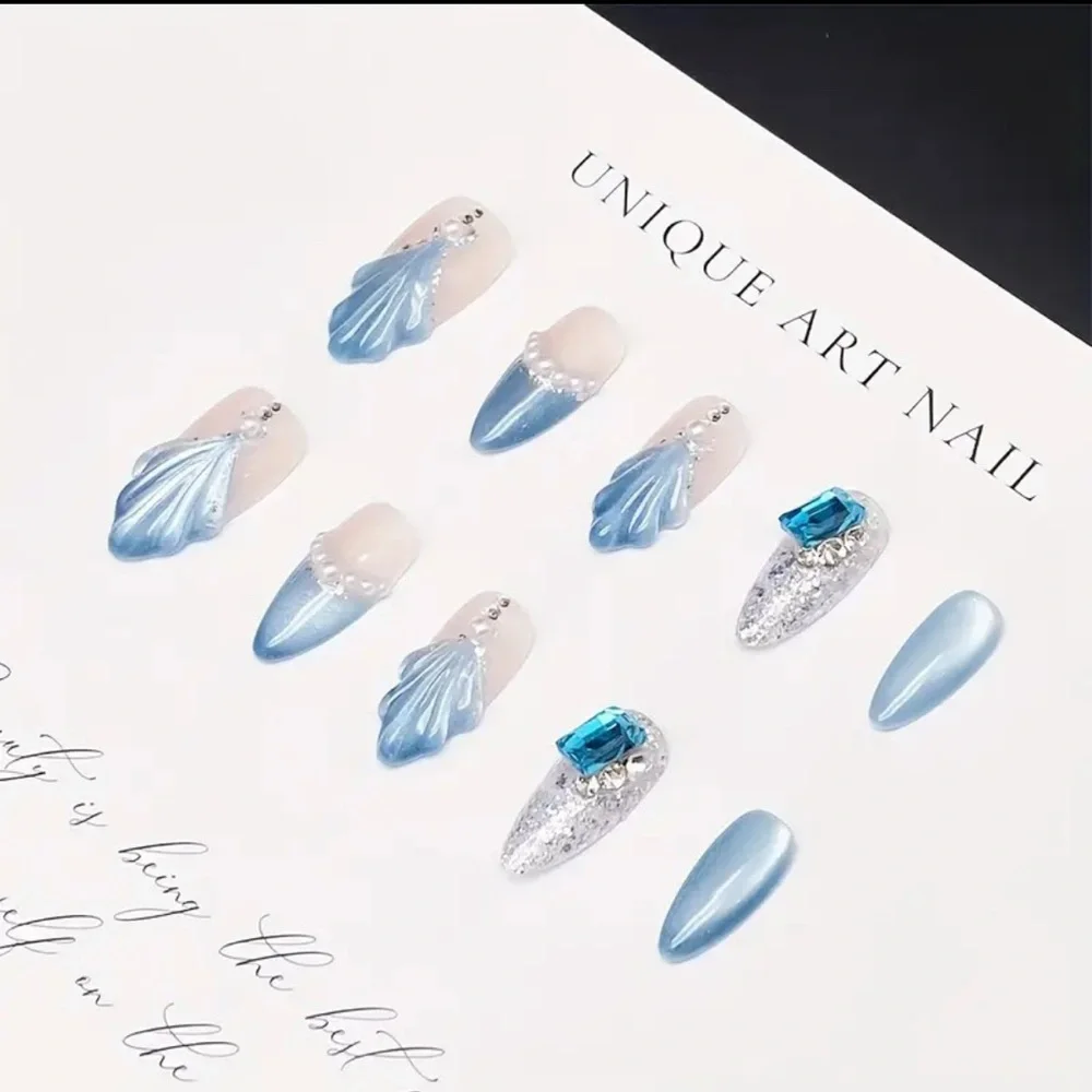 New Hamdmade Blue & Silver 3-D Acrylic Nail Art Set Medium 10 pc set Reusable